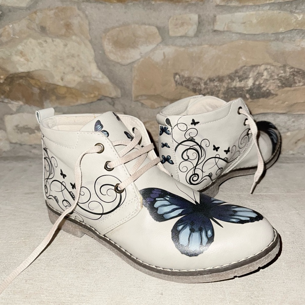 Genuine Real Leather Goby Butterfly Ankle Boots Cream Lace-Up Art Shoes
